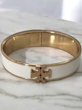 Tory Burch White Enamel and Gold Logo Bangle